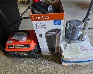 Small generator, works great.  Space heater like new. Stone polishing kit.