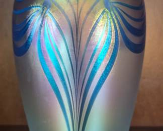 Robert Eickholt iridescent art glass vase, etched signed