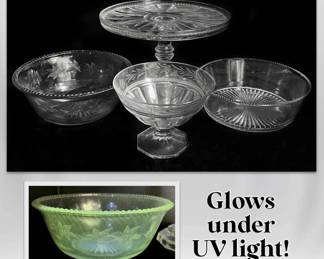 Clear Manganese Glass Bowls, Cake Stand, Candy Dish