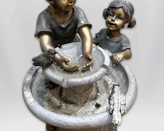 Decorative Statue of Two Children at Bird Bath