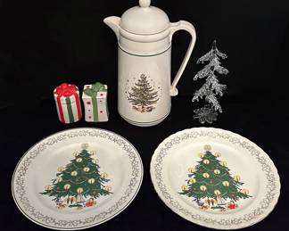 Christmas Plates W 22K Gold, Spode Pitcher, Salt Pepper Shakers, and Glass Tree 