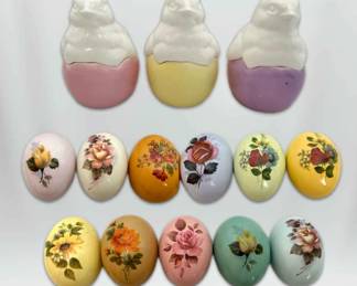 Eleven Ceramic Floral Painted Eggs Three Dept. 56 Chicks