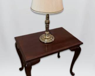 Queen Anne Style Wooden Side Table Brass Lamp