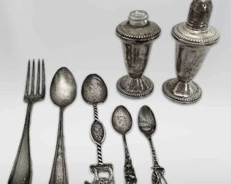 Sterling Silver Shakers One Missing Lid, Spoons,  Fork