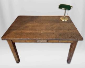 Antique Wooden Desk With Green Bankers Lamp