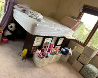 Queen bed, two cube holders with cubes