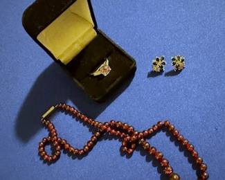 Garnet beads, 14k and sapphire and diamond earrings