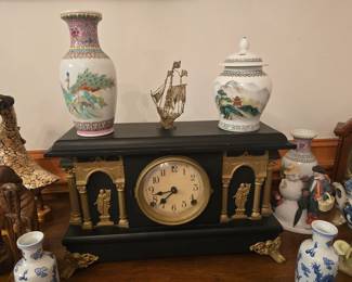 Antique Mantle Clock - .Oriental Vases