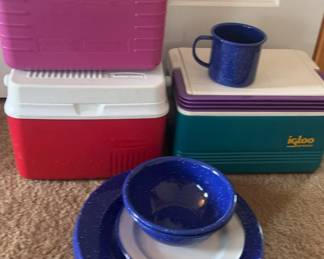 3 Small Coolers Enamelware Camping Plates Bowls  Mug