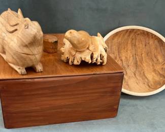Carved Wood Seal Wood Rabbit Box and Other Artful Wood Pieces
