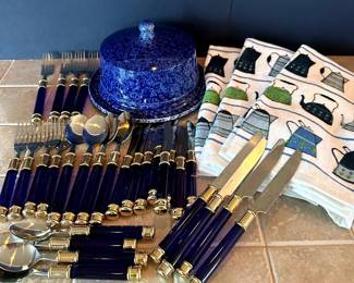 Acrylic Handled Blue Flatware Ceramic Dome Cheese Dish More