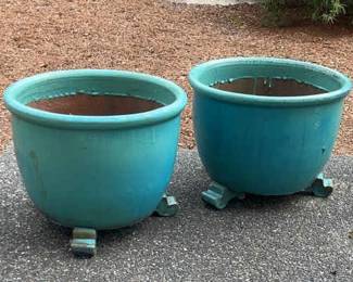 Pair Of Turquoise Outdoor Ceramic Pots