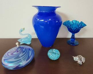 Blue Fenton Bird Ruffle Pedestal Candy Dish and Other Blue Glass