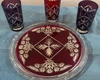 Vintage Bohemian Glass Cake Plate Purple and Red Glasses