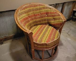 VINTAGE HEYWOOD WAKEFIELD RATTAN BARREL CHAIRWITH ORIGIONAL CUSHIONS