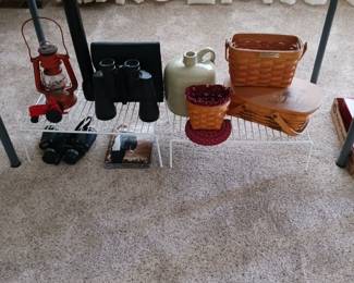 Several Longaberger Baskets, Small Red Lantern, and 2  Pairs of Binoculars (1 is Bushnell Brand!