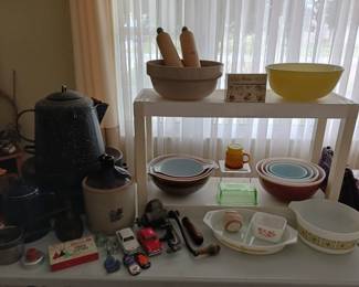 Variety of Vintage Pyrex Dishes, Granitware Coffee Pots, Western Stoneware Crock Jug, Crock Bowl and Green Depression Glass Butter Cover!