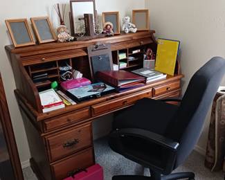 Roll Top Desk and Variety of Office Supplies! 1 of 2 Rolling Desk Chairs as well!