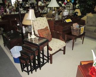 Wultizer Piano and carved 3 pc table set