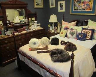 beautiful bedroom set / fur hats/muffs