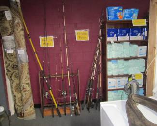 fishing poles//carpets//dog pads //hygiene pads