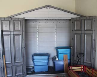 poly garden shed approx 3'deep x 8'wide x 7' tall (at peak)