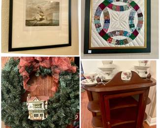 Vintage Art / Framed Quilt Piece / Table Top Curio Cabinet / Dept. 56 House in Wreath