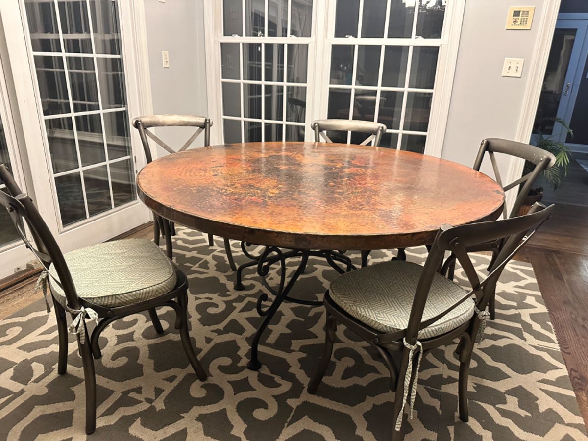 Arhaus 60" reclaimed metal dining table and 5 Ballard Design Constance French Bistro Metal Dining Chairs