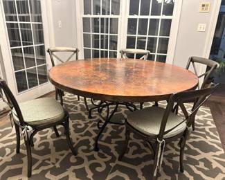 Arhaus 60" reclaimed metal dining table and 5 Ballard Design Constance French Bistro Metal Dining Chairs