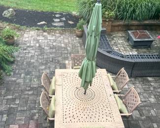 Cast Aluminum Outdoor Dining table (60x84) with 6 chairs, Umbrella and Cushions 