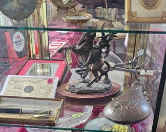 Hand Painted miniature portraits, bronze Indian statue, powder flask and more!