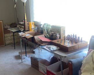 Stiffle lamp,  1960 tension lamp , carved chess set , stamps kitchen aid mixer 