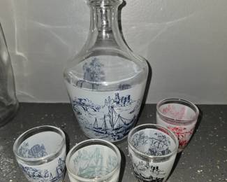 Vintage tall ships shot glasses & decanter