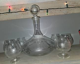 Schooner etched brandy snifters & decanter