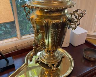 #1 Vintage brass, Russian Samovar with tray and bowl