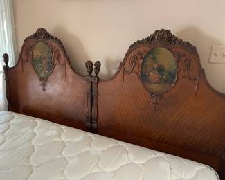 Fruit wood antique bed frames, Adam style and painted in the manner of Angelica Kauffmann mid 1800's, reproduction. They have been attached to make a King bed, but can be taken apart and the side rails attached to make two twin beds