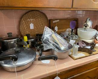 Pots and pans, kitchen utensils, wood chopping boards