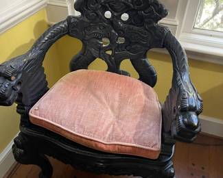 Antique Japanese arm chair, with pink velvet upholstered cushion. Original to the house
