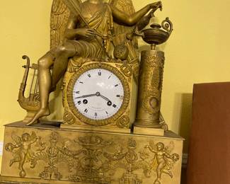 Antique brass French Clock with figure, Mignardet Paris Ru de Ovenelle - Stohn 14 1/2" wide, 20" tall