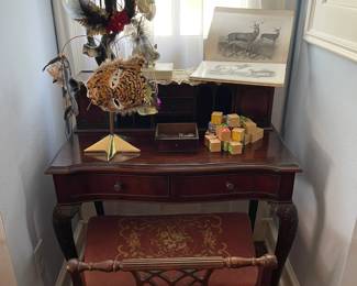 Antique ladies writing desk with ball and claw feet, mid Georgian period. 36" x 30" x 18" a second metal Christmas tree, this time with a selection of masks, needlepoint pull up stool