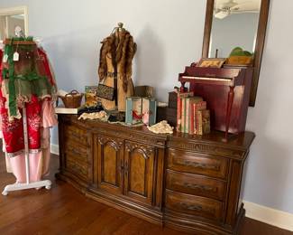 Vintage solid wood, dressing table with six drawers and two cupboards (fitted drawers inside) and two tall mirrors to match