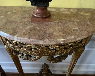 Gold leaf console table with pink marble tops 30" x 16" x 39"