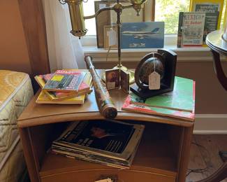 The second Mid-Century Modern bedside table, vintage brass lamp, base ball bat, vintage Life magazines