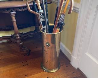 English brass umbrella stand, walking sticks, umbrellas