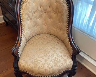 Victorian mahogany accent chair with silk brocade upholstery and button back detail