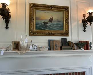 Looking at the mantle in the Sun Room (Register area) great old books