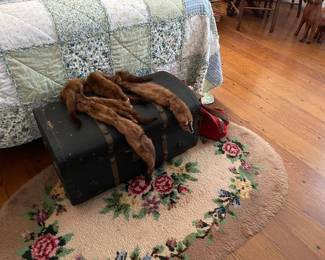 Vintage trunk, handmade rug, fox collars