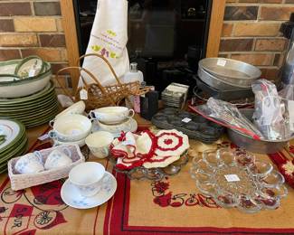 Copeland Spode as is pieces of china, handmade kitchen crochet hot pads, vintage devil egg plates, baking items