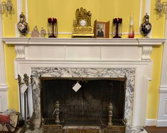 Looking at the fireplace in the parlor. English brass fireplace screen, fender, andirons and fireplace tools