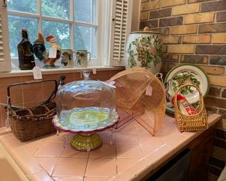 Cake plate with dome, mesh food covers, baskets